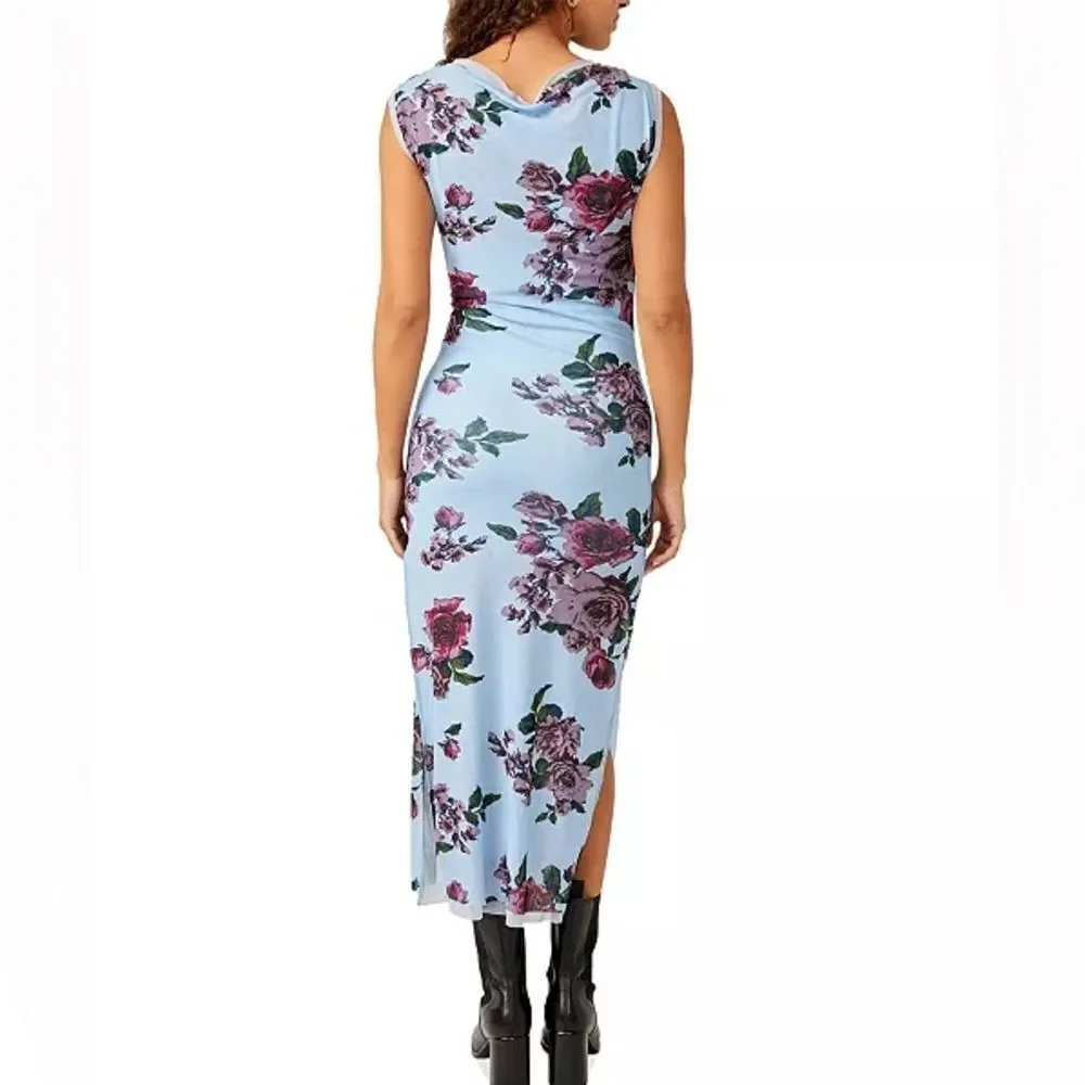 Free People Carmel Blue Floral Print Sleeveless Draped Midi Dress Size Large NWT